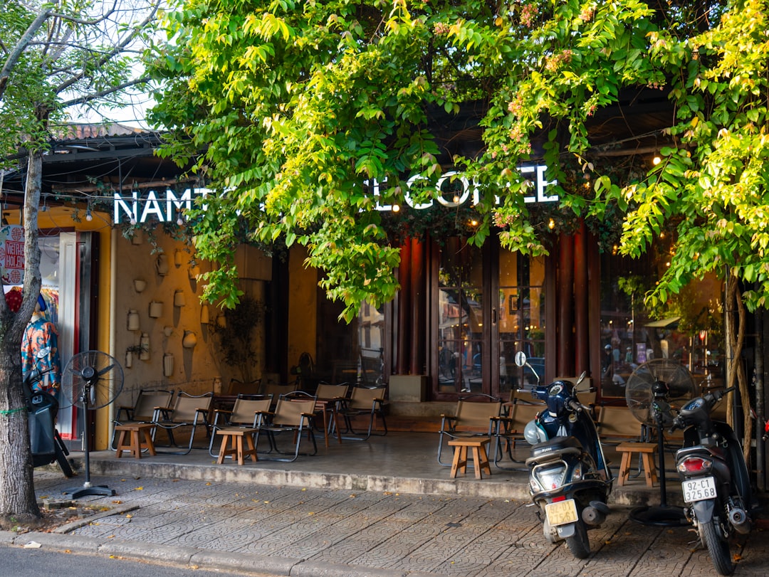 Outdoor cafe with trees and parked motorcycles